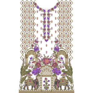 Royal Floral Architectural Front Panel Design with Elephant Motifs in Purple and Gold on Light Background for Textile Prints
