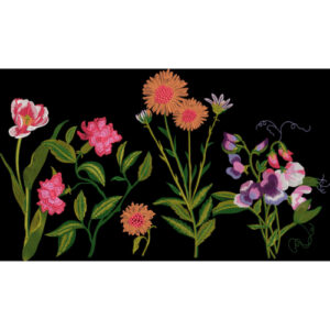 Colorful Floral Embroidered Border Design with Mixed Flower Motifs on Black Background for Textile Prints