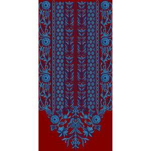 Luxury Ornamental Floral Front Panel Design in Blue on Deep Red Background for Textile Prints