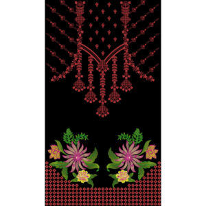 Elegant Ornamental Neckline and Floral Hem Front Panel Design on Black Background for Textile Prints