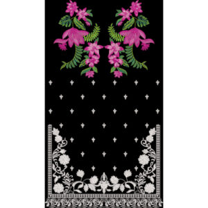 Elegant Floral Embroidered Front Panel Design with Ornamental Border on Black Background for Textile Prints