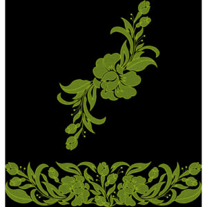 Elegant Green Floral Embroidered Motif and Border Design on Black Background for Textile Prints