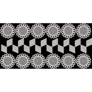 Elegant White Embroidered Floral and Geometric Border Design on Black Background for Textile Prints