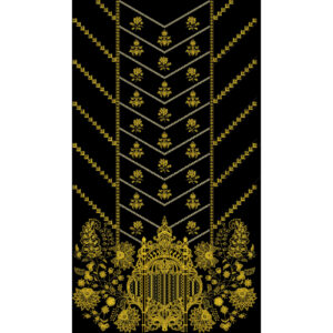 Luxury Gold Ornamental Front Panel Design with Chevron Pattern on Black Background for Textile Prints