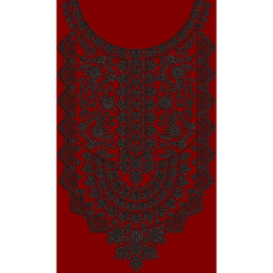 Luxury Ornamental Neckline Front Panel Design in Black on Deep Red Background for Textile Prints