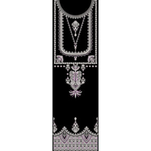 Elegant White Ornamental Neckline Front Panel Design with Subtle Lavender Accents on Black Background for Textile Prints
