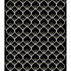 Elegant White Floral Lattice Pattern Design with Yellow Accents on Black Background for Textile Prints