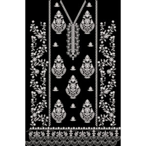 Classic White Floral Embroidered Front Panel Design with Ornamental Border on Black Background for Textile Prints