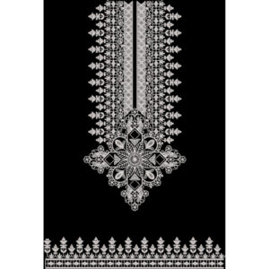 Elegant White Ornamental Embroidered Front Panel Design with Geometric Floral Motif on Black Background for Textile Prints