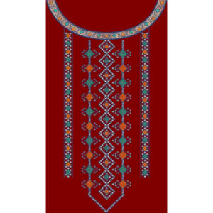 Traditional Multicolor Geometric Neckline Front Panel Design on Deep Red Background for Textile Prints