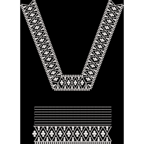Minimal White Geometric Embroidered Neckline and Border Design on Black Background for Textile Prints