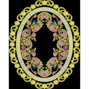 Luxury Oval Floral Medallion Embroidered Design in Gold and Multicolor on Black Background for Textile Prints