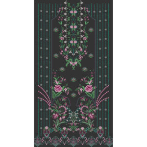 Elegant Floral Embroidered Front Panel Design in Pink and Green on Dark Background for Textile Prints