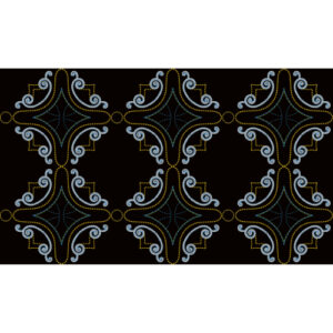 Elegant Ornamental Geometric Repeat Pattern in Blue and Gold on Black Background for Textile Prints