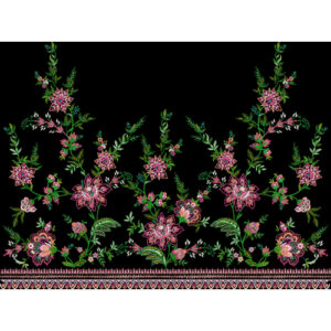 Elegant Multicolor Floral Embroidered Border Design on Black Background for Textile Prints