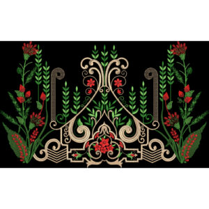 Luxury Ornamental Floral Embroidery Border Design with Gold Scrollwork on Black Background