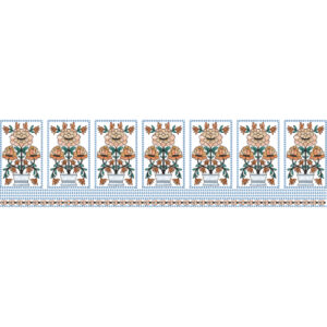 Traditional Floral Panel Embroidery Border Design with Peach Flowers on Blue Grid