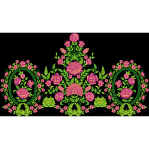 Royal Floral Medallion Embroidery Border Design in Pink and Green on Black