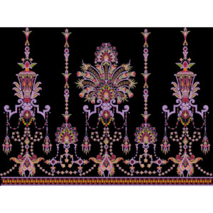 Ornate Chandelier-Inspired Embroidery Border Design in Multicolor on Black