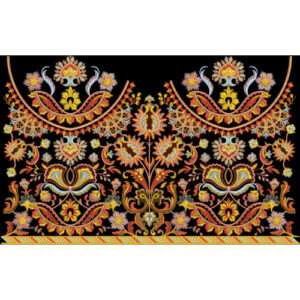 Traditional Ornamental Floral Embroidery Border Design in Warm Multicolor on Black