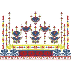 Traditional Folk Geometric Embroidery Border Design in Red, Blue, and Yellow