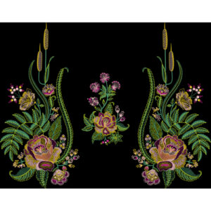 Symmetrical Floral Embroidery Panel Design with Hanging Bud Motifs on Black