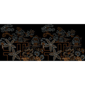 Modern Floral Geometric Embroidery Border Design in White and Gold on Black