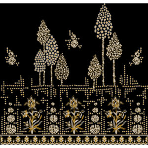 Golden Forest & Floral Dotted Embroidery Border Design on Black