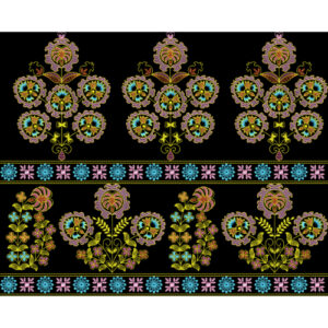 Ornamental Floral Medallion Embroidery Border Design in Multicolor on Black