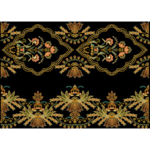 Classic Ornamental Floral Embroidery Border Design in Gold and Pastel Tones on Black