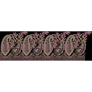 Elegant Paisley Floral Embroidery Border Design in Pink and Green on Black