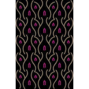 Modern Dotted Wave Embroidery Pattern with Pink Leaf Motifs on Black