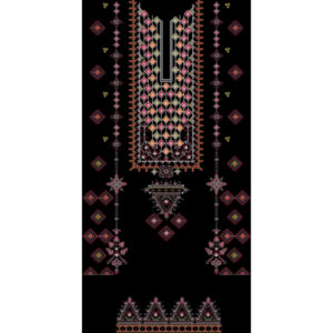 Traditional Geometric Neckline Embroidery Panel Design in Red and Ivory on Black