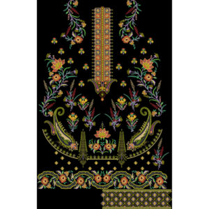 Traditional Floral Paisley Neckline Embroidery Panel Design in Multicolor on Black