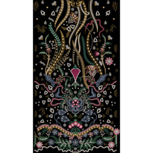 Luxury Ornamental Floral Embroidery Panel Design with Flowing Vines on Black