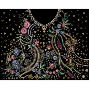 Luxury Floral Neckline Embroidery Design with Ornamental Detailing on Black
