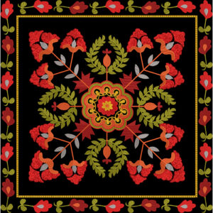 Traditional Floral Medallion Embroidery Panel Design with Decorative Border on Black