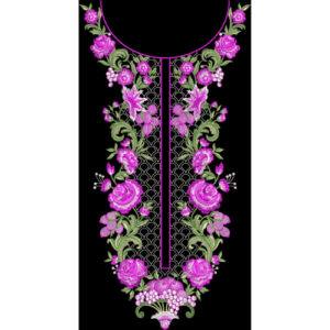 Royal Purple Floral Embroidery Neckline Design with Green Leaves