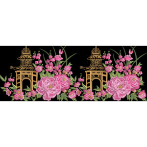 Pink Floral Border Embroidery with Traditional Pavilion Motif