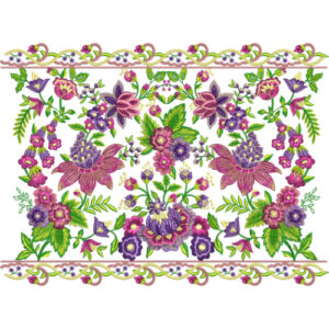 Colorful Floral Border Embroidery Design with Symmetrical Botanical Motifs