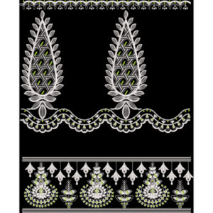 Elegant White Leaf Motif Border with Ornamental Detailing Textile Design