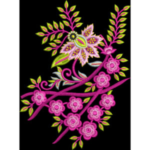 Royalty Free Floral Branch Embroidery Design with Vibrant Pink and Green Thread Work