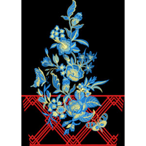 Blue Floral Embroidery Panel with Geometric Border Textile Design