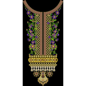 Royal Floral Neckline with Kundan Hanging Embroidery Design