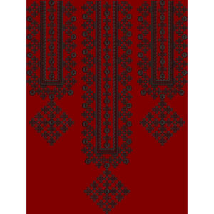 Traditional Black Geometric Embroidery Neckline Design on Deep Red Background