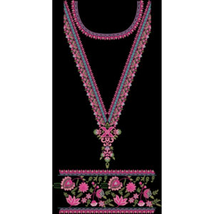 Pink Floral V-Neck Embroidery Design with Coordinated Decorative Border