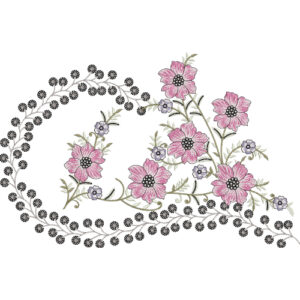 Royalty Free Floral Corner Embroidery Design with Pink Flower Thread Work