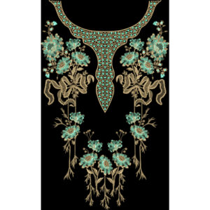 Royalty Free Floral Neckline Embroidery Design with Turquoise and Gold Thread Work