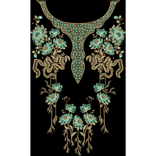 Royalty Free Floral Neckline Embroidery Design with Turquoise and Gold Thread Work