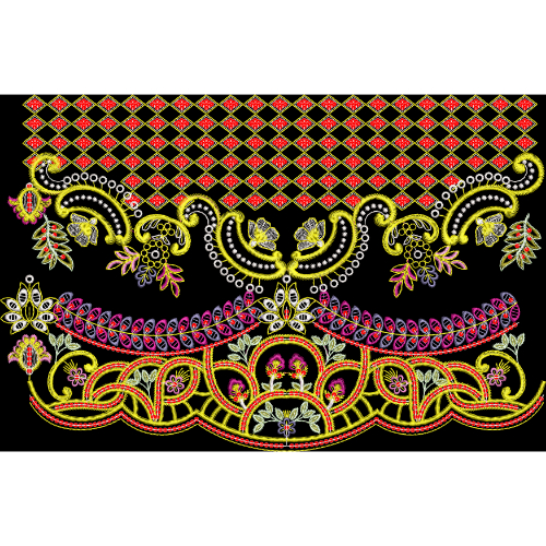 Royalty Free Ornamental Border Embroidery Design with Traditional Multicolor Thread Work